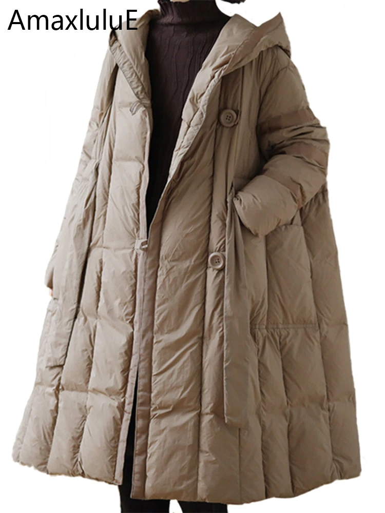 AmaxluluE Womens Hooded Design Solid Duck Down Jacket 2025 Winter Korean Style Warm Loose Casual Long Coat Vintage Padded Parkas