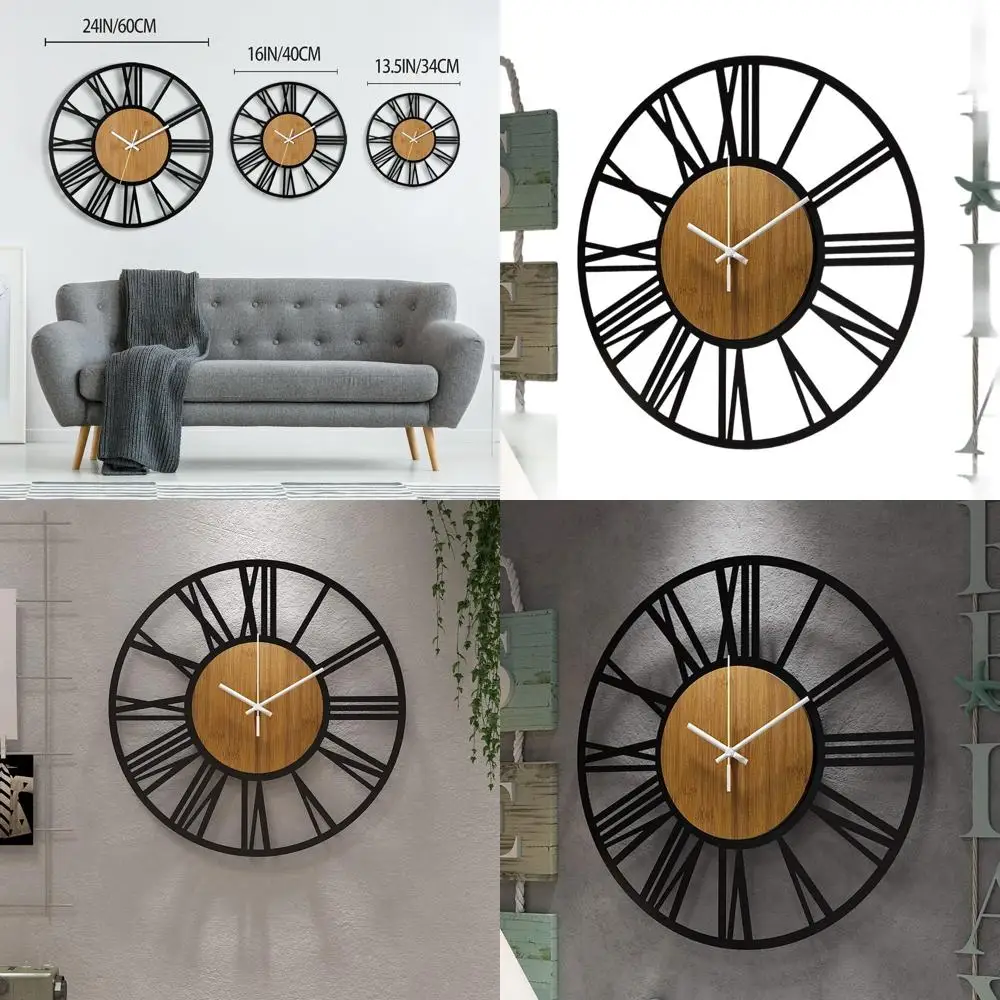 

Vintage 24 Round Silent Wall Clock, Black Metal & Modern Wood, Roman Numerals, Home Decor for Living Room, Bedroom, Kitchen, Gar