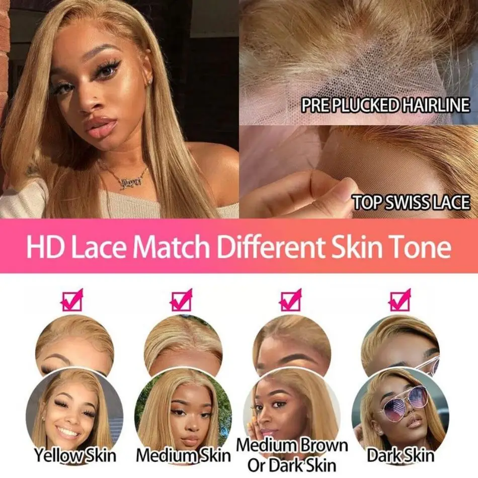 Perruques de cheveux humains lisses blond miel 27, colorées, avec dentelle frontale HD 13x6, perruques brésiliennes originales de 30 pouces, pré-épilées et pré-décolorées