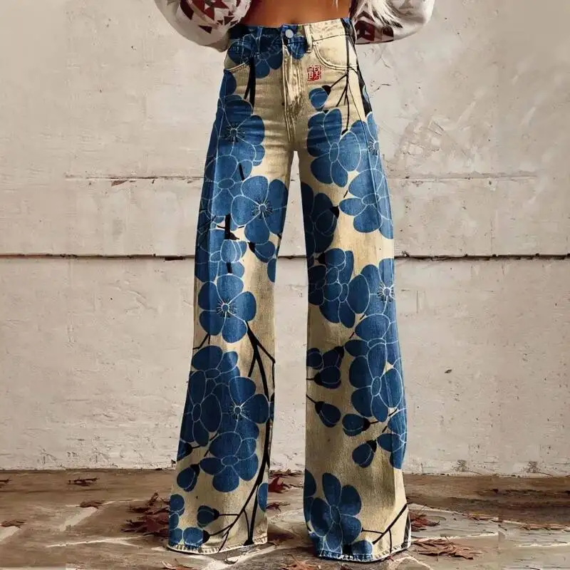 กางเกงแฟชั่นพิมพ์ลาย 3 มิติ สไตล์เรโทร ปี 2025 เอวสูง ทรงหลวม ขากว้าง สำหรับผู้หญิง สไตล์ฮาราจูกุ เหมาะสำหรับฤดูใบไม้ผลิและฤดูร้อน