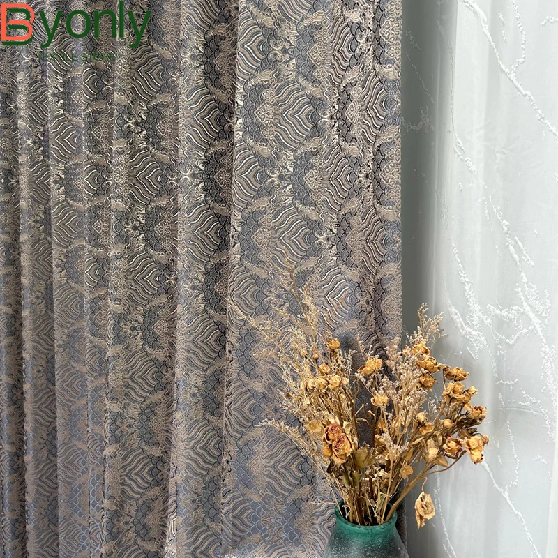 

New Chinese Style High-grade Cloud Sea Tide Pattern Gold Thread Jacquard Blackout Curtains for Living Room Bedroom French Window