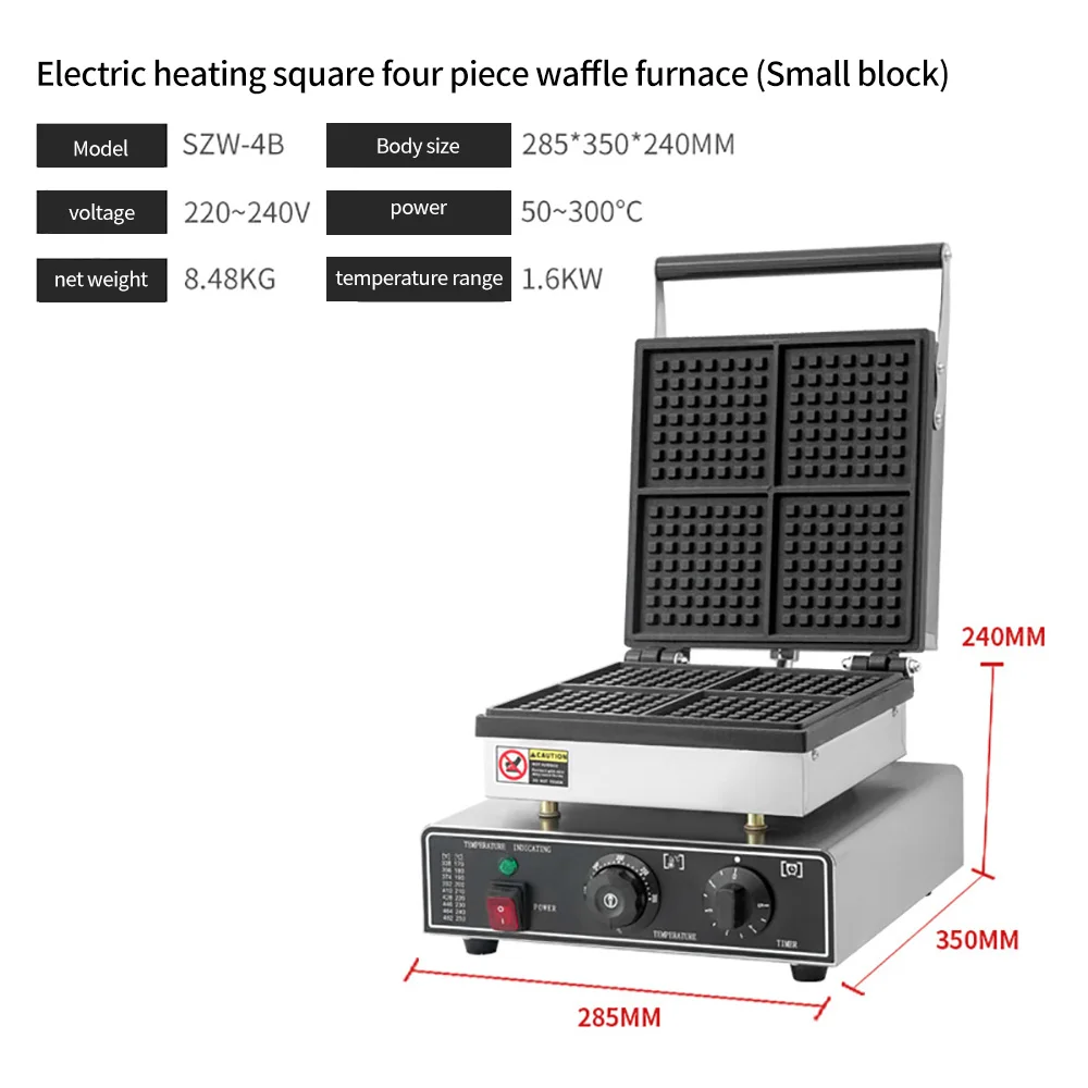 XEOLEO Commercial Square Waffle Maker 4PCS 1600W Non-Stick Bread Machine
