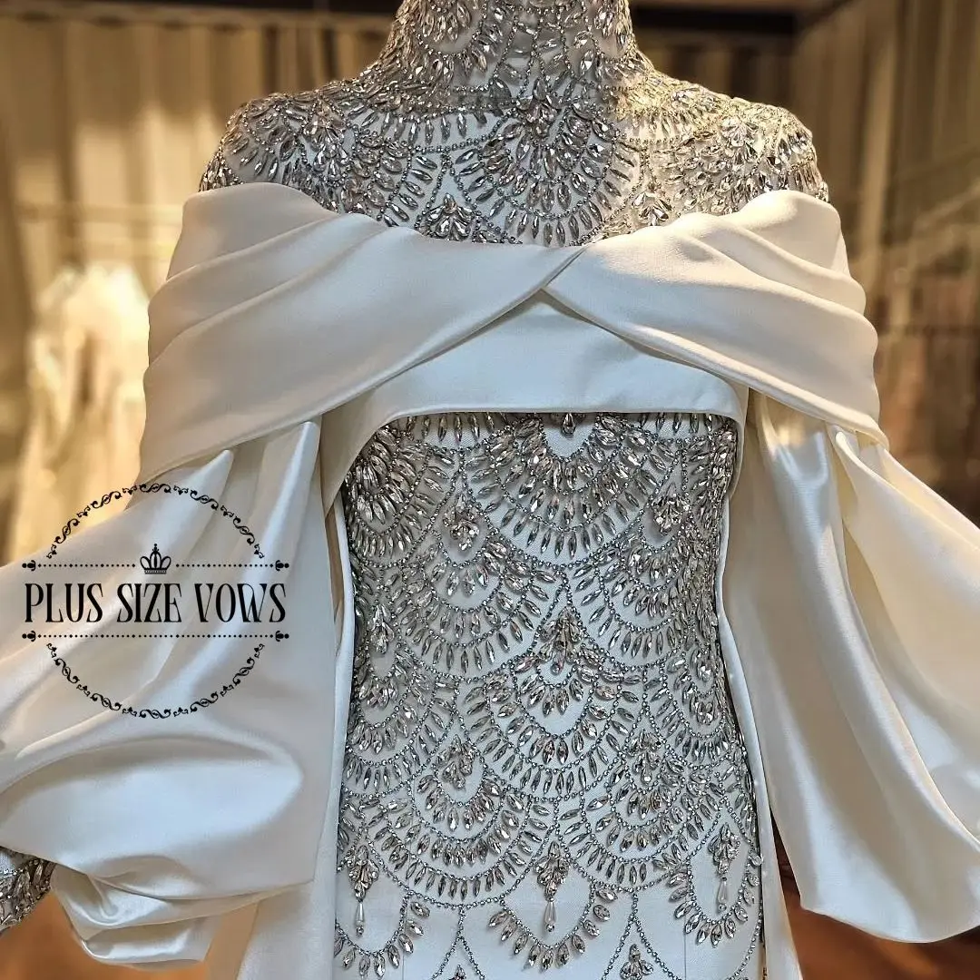 

Plus Size Vows Customized Evening Dresses Prom Dress Handmade Crystals Fan-shaped Design Floor Length High Neck Midnight Gowns
