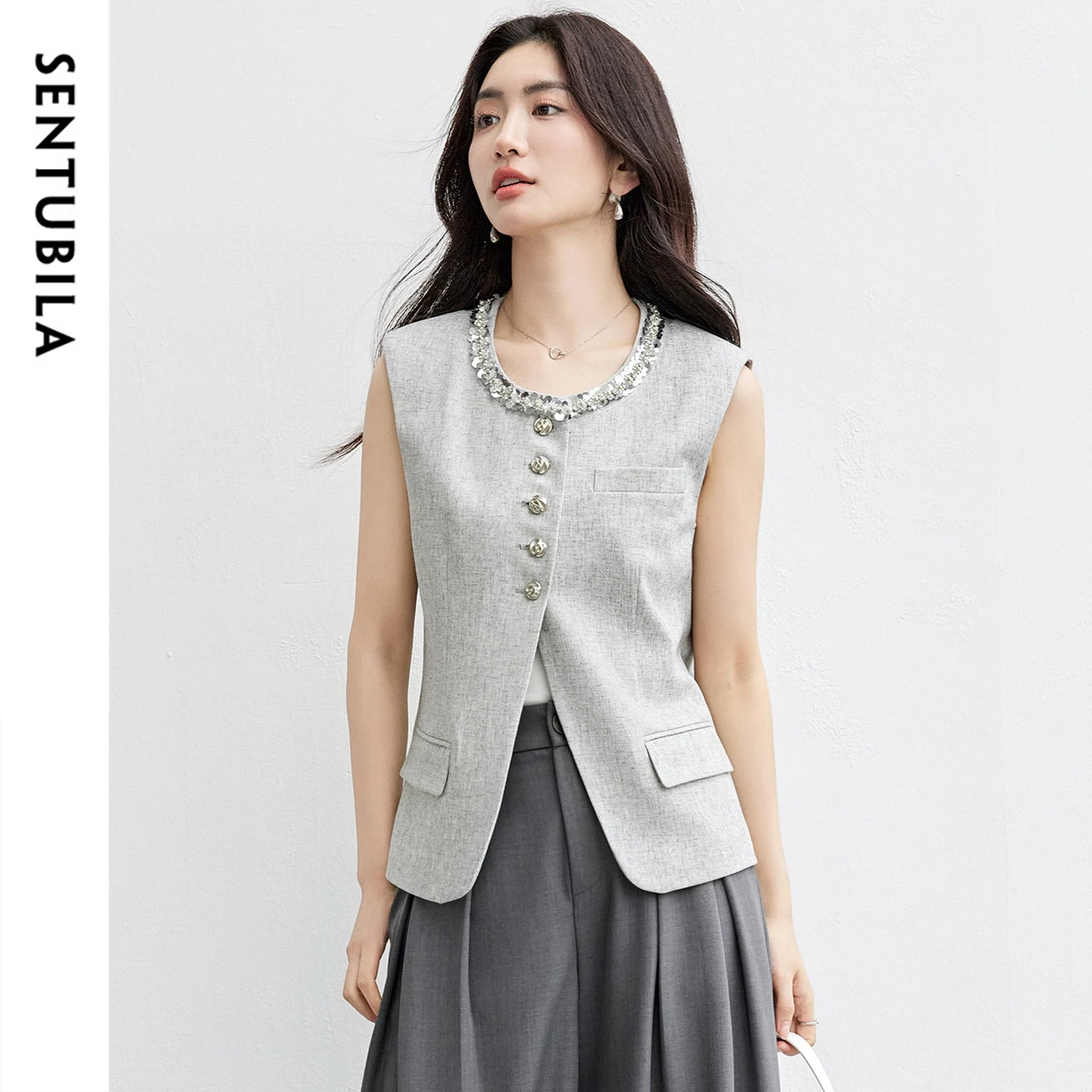 

SENTUBILA Grey Waistcoat Line Blend Short Vest Female 2025 Summer Embossed Button Sequin Embroidery Coat Elegant Tops Q52JD1754