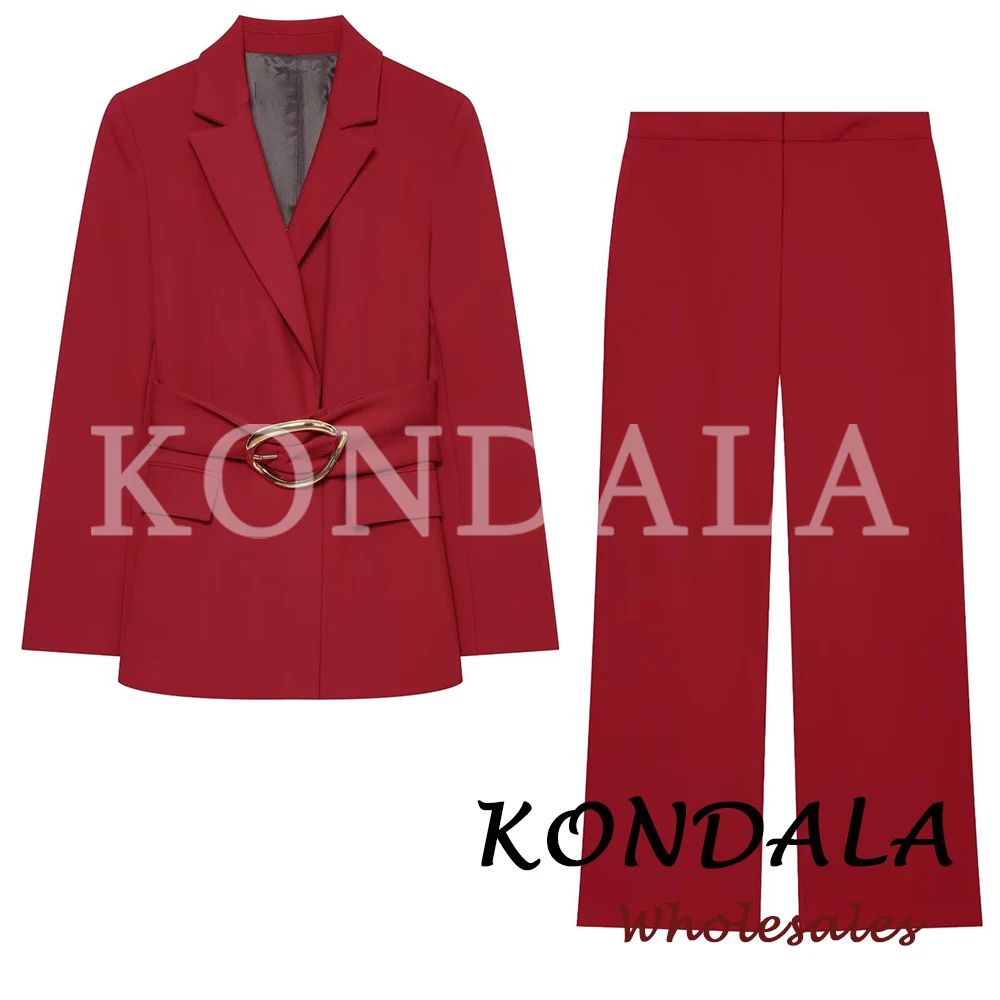 KONDALA 2026 Office Lady Red Women Suits Sashes Luxurious Blazer+ Pockets Long Pants Elegant Fashion Female Casual Mujer Set