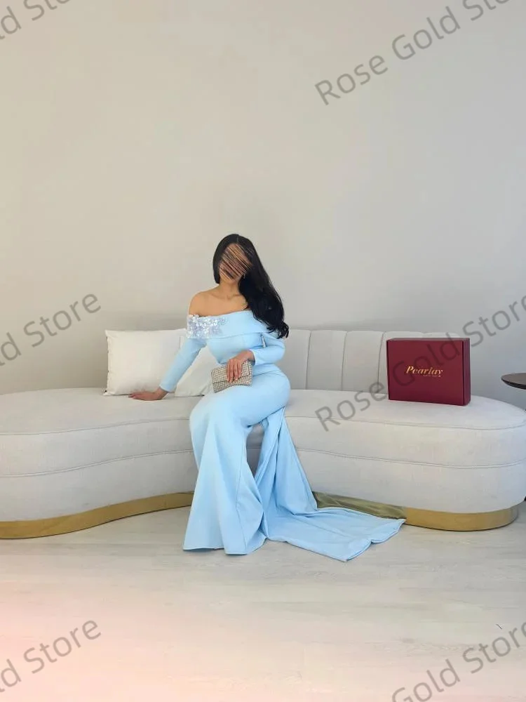 Light Blue Mermaid Women Evening Dress Gorgeous Stain Formal Vestido de Gala Customized Flowers Appliques Prom Party Gowns