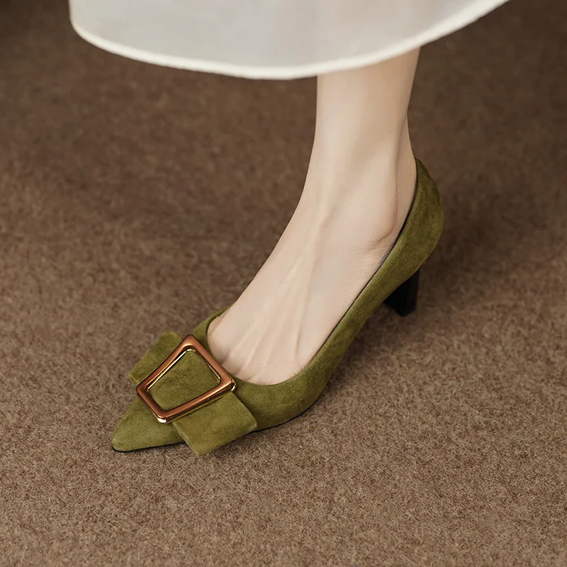 2024 Spring Women Shoes Pointed Toe Chunky Heel Women Pumps Sheep Suede High Heels Belt Buckle Shoes for Women zapatos de mujer