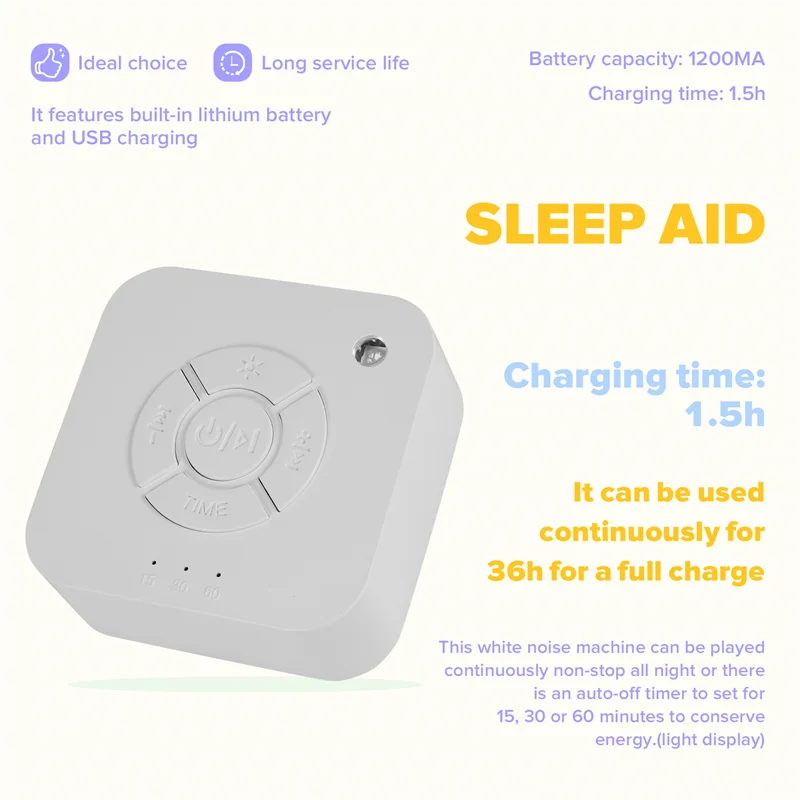 ABPP-White آلة الضوضاء آلة صوت النوم 15 أصوات مهدئة غير قابلة للحلق للنوم والاسترخاء للطفل الكبار مكتب المنزل