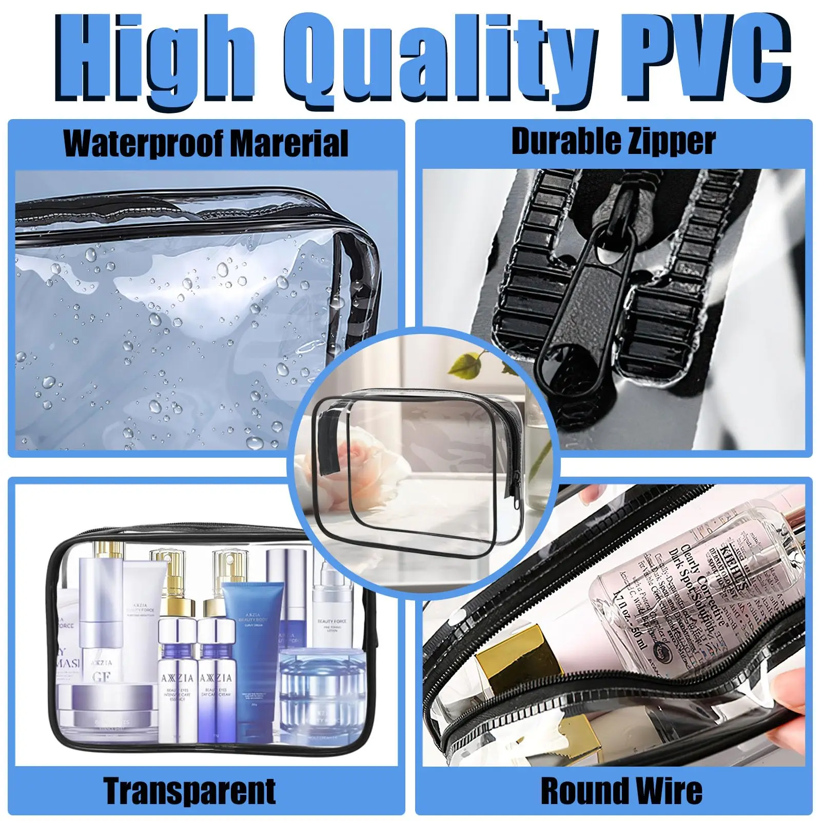 Bolsa de aseo transparente de 6-50 Uds., estuche organizador portátil de PVC con cremallera, bolsa de transporte para maquillaje cosmético, bolsa de aseo aprobada por TSA para viaje