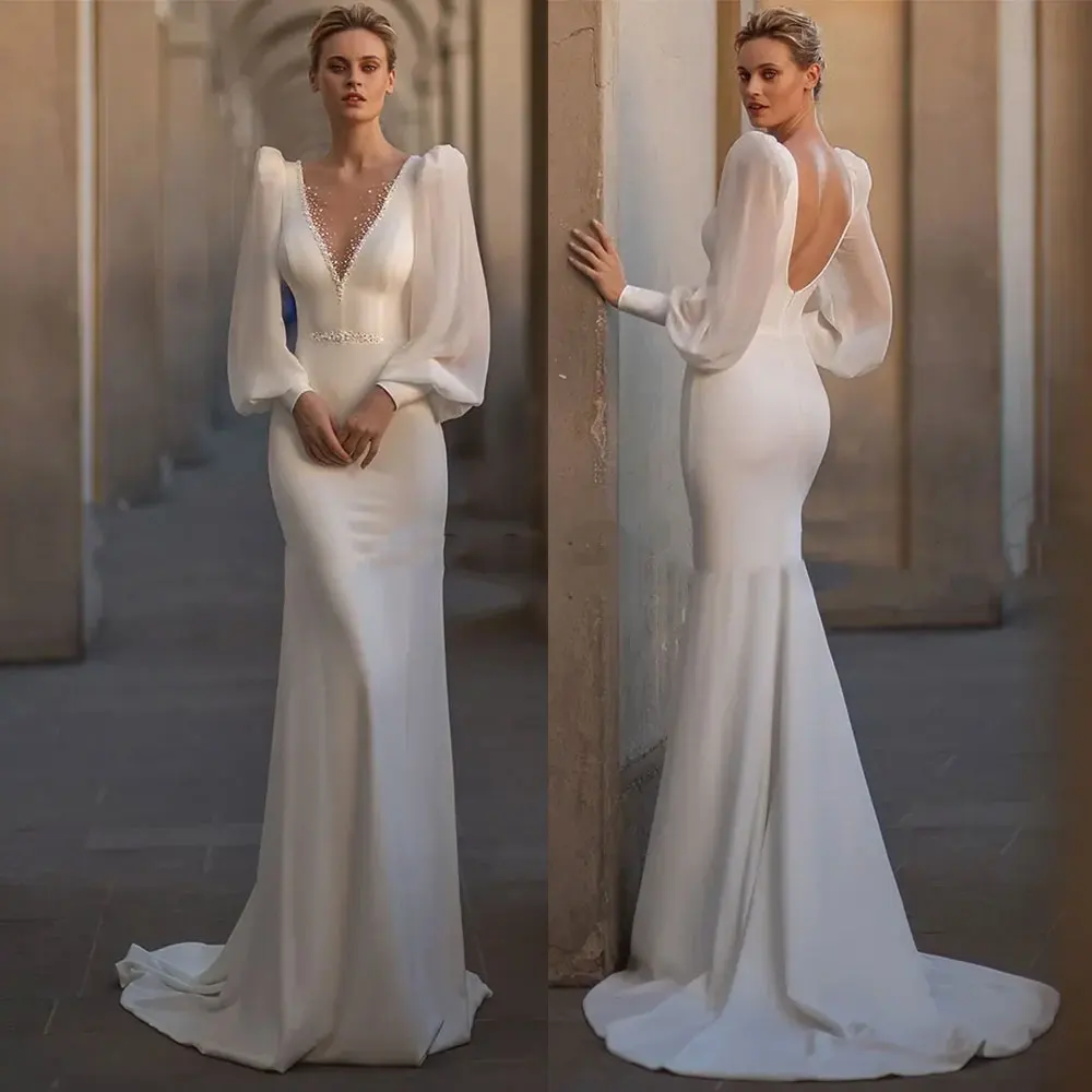 Vestidos de novia de sirena de satén blanco para mujer, elegantes vestidos de novia con cuello en V profundo, ilusión de perlas, Espalda descubierta, manga larga abullonada, tren dulce