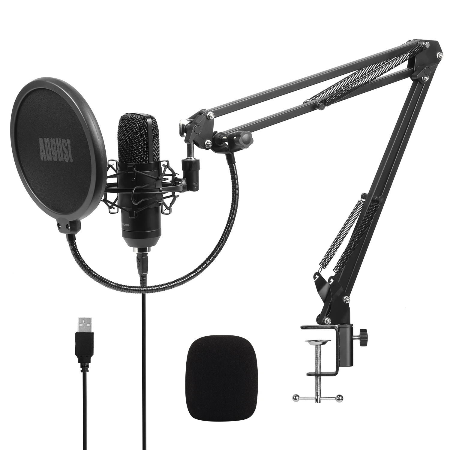 AUGUST REC100 USB Condenser Microphone with Boom Arm Unidirectional Professional Cardioid Mic Kit for PC and Laptop