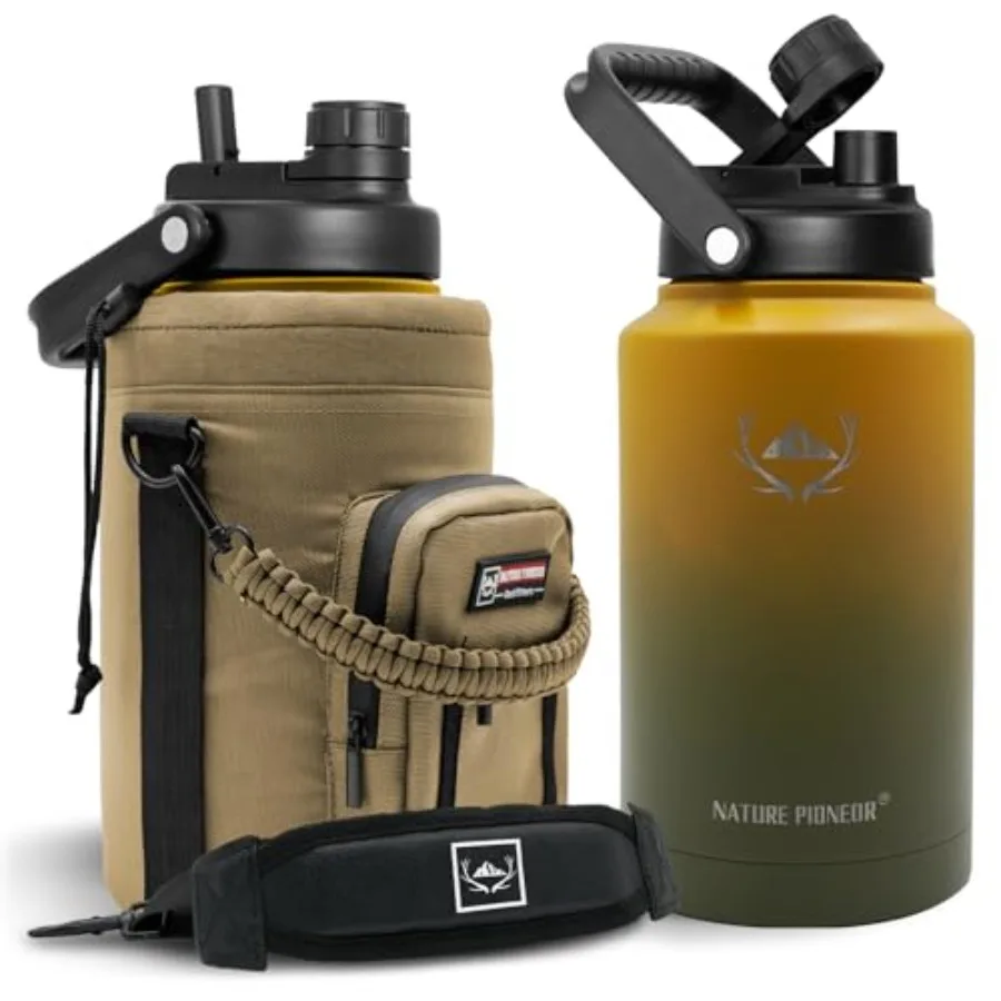 

1 Gallon Insulated Water Bottle - Double Vacuum Stainless Steel Water Bottle with Holder Wide Mouth and 2-in-1 Lid Flip Straw a