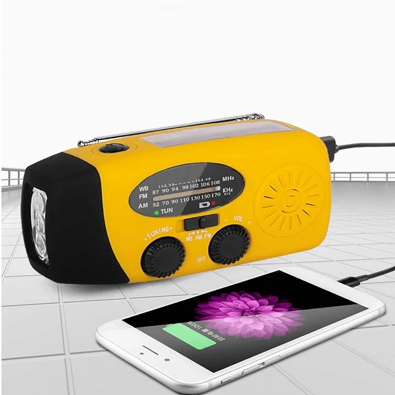 أفضل راديو بالطاقة الشمسية في حالات الطوارئ AM/FM/NOAA راديو الطقس 1000Mah راديو كرنك اليد مع 3 مصابيح كاشفة بلمبات LED