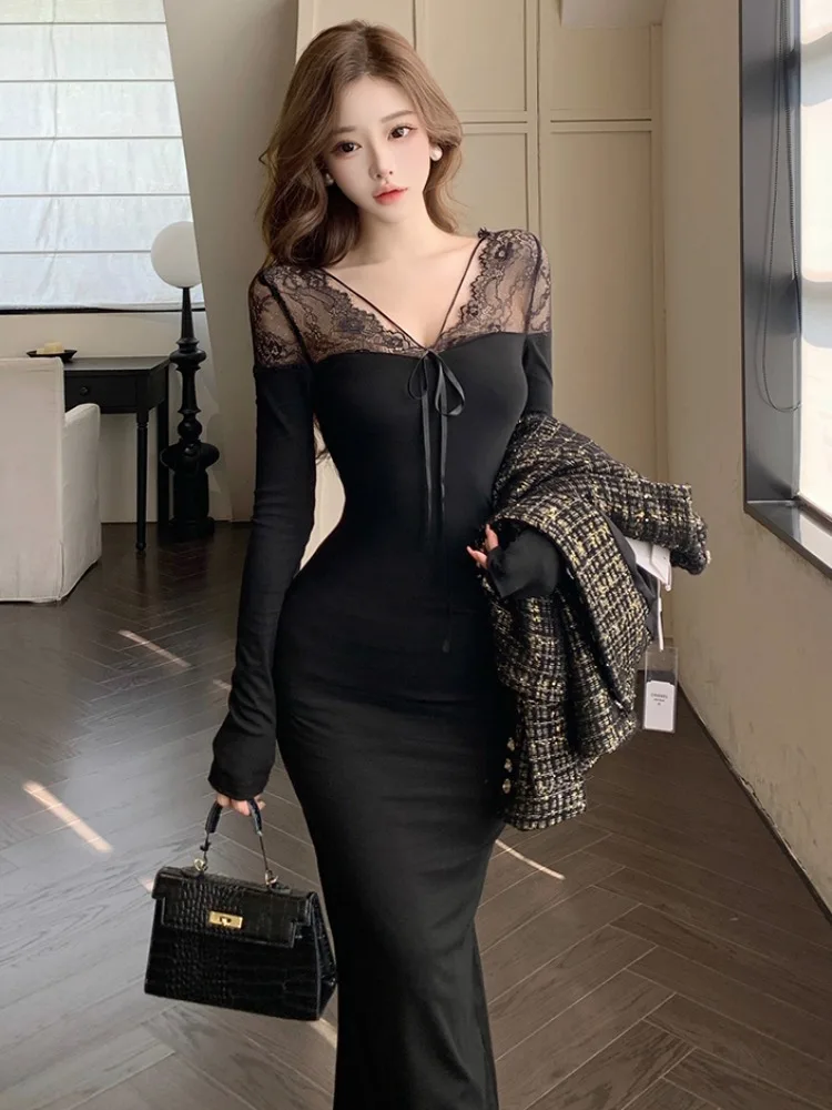

Sexy Lace Patchwork V-ne Belted Long Sve Dr High Waist A-line Skirt Bodycon Long Dr for Women Autumn Winter Faion
