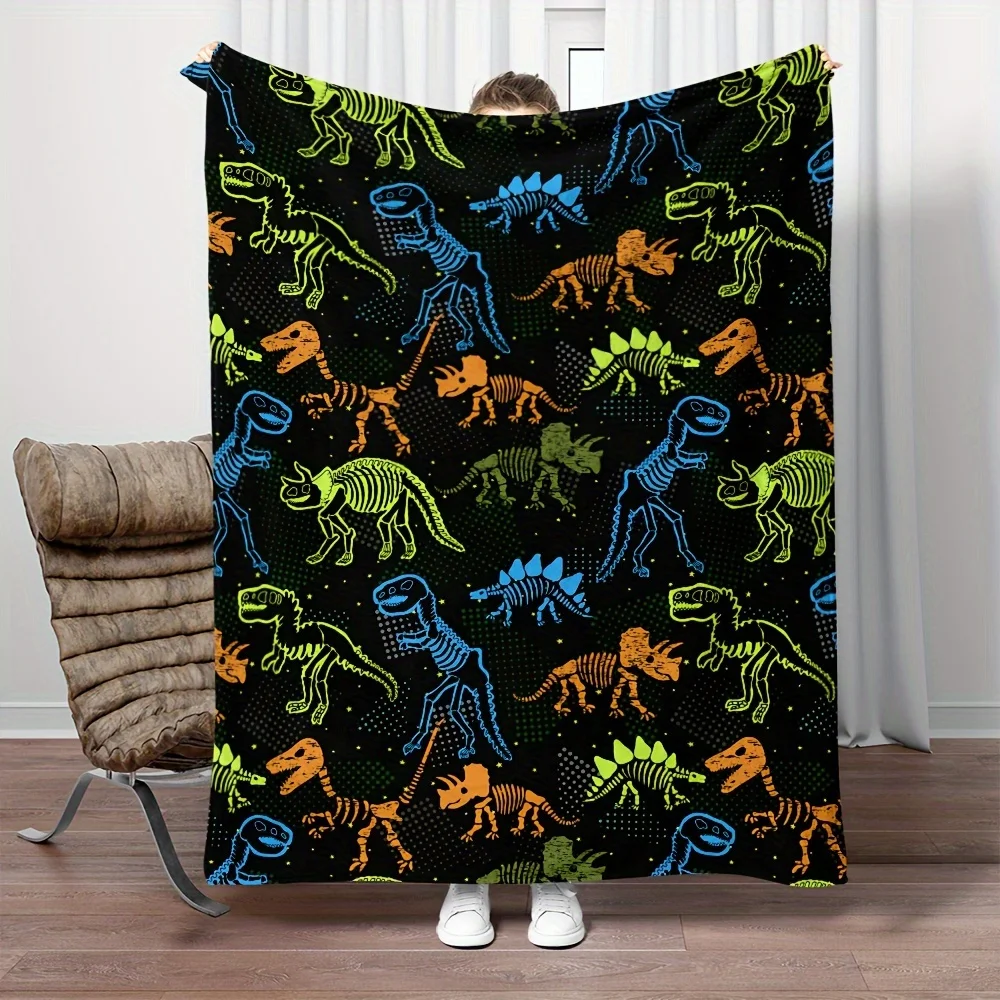 1pc Cozy Colored Dinosaur Fossil Bone Skeleton Blanket Lightweight Flannel Digital Printing Fleece Blanket For Sofa Office Couch