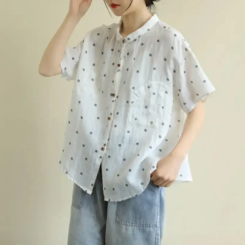 

Version Commute Minimalist Casual Short Sleeved Blouses Round Neck Printed Polka Dot Pocket Women's Shirt Top 2025 New Korean