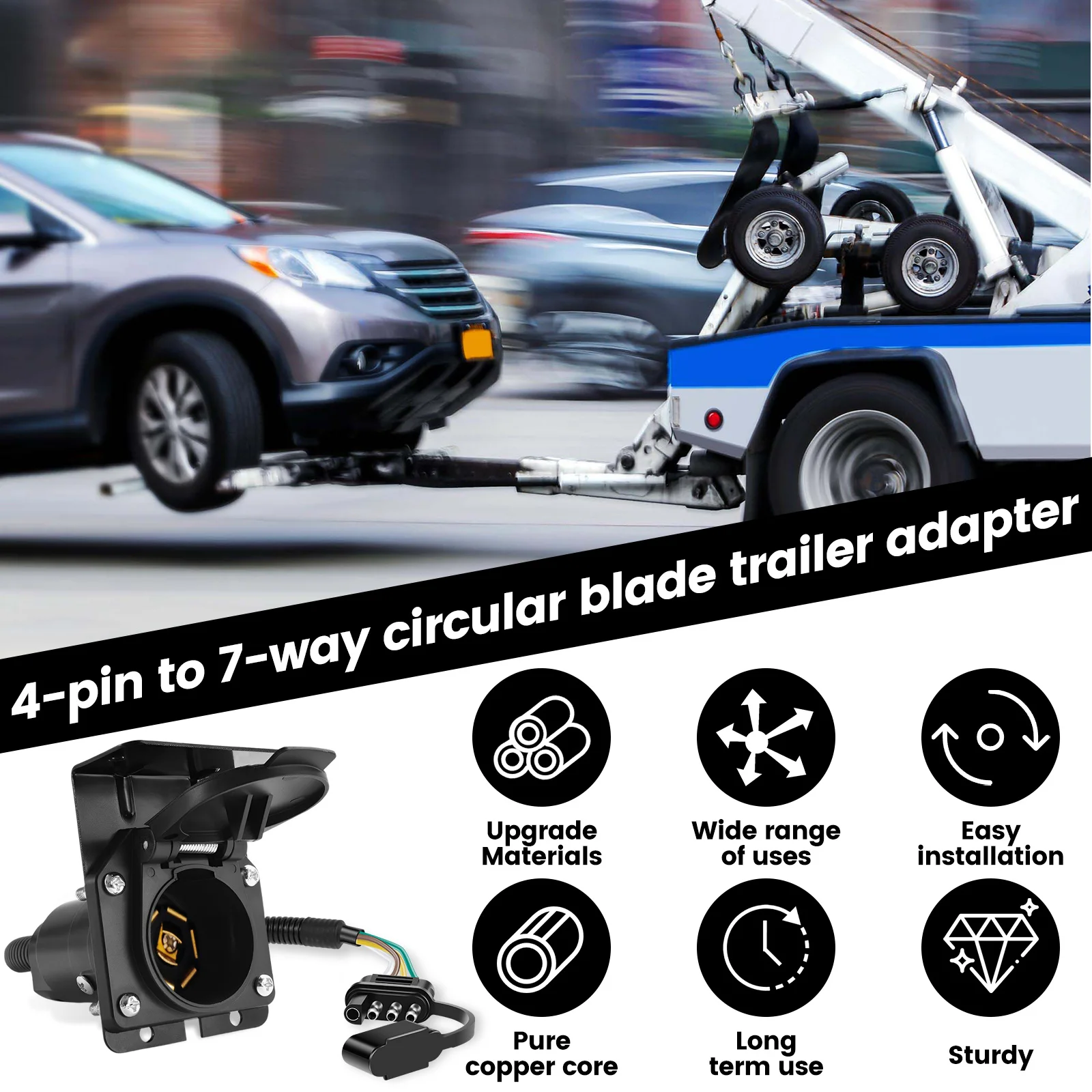 

4 Pin to 7 Pin Trailer Adapter with Mounting Bracke PVC Round Blade Reverse Wiring Harness Connector Trailer Light with Bracket