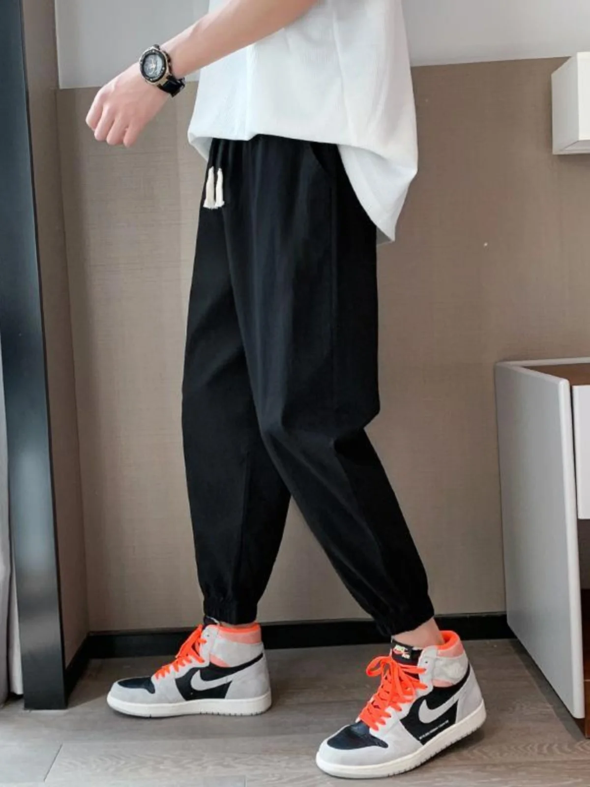 

Loose Linen Cotton Men's Summer Sports Pants Casual Trousers Korean Sle Trendy Sweatpants Breathable Elastic Waist