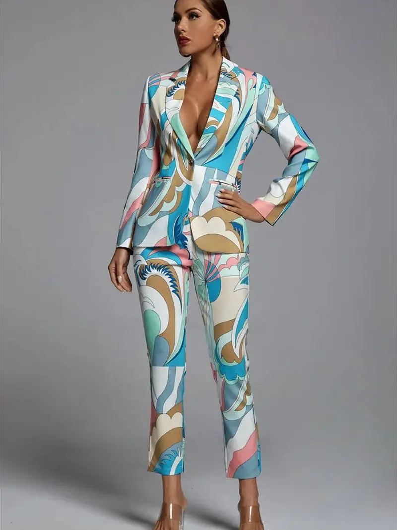 Luxury Designer 2 Piece Outfits For Women Long Sleeve Print Blazer And Pant Casual Elegant Suit Sets 2023
