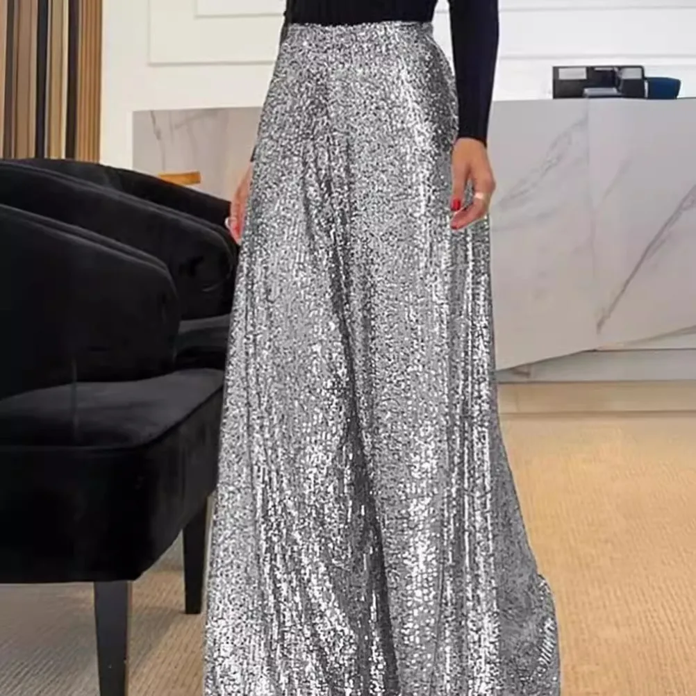 High Waist Shiny Sequin Wide Leg Pants Straight Cut Casual Trousers for Women Elegant Harajuku Style Mid-Calf Length