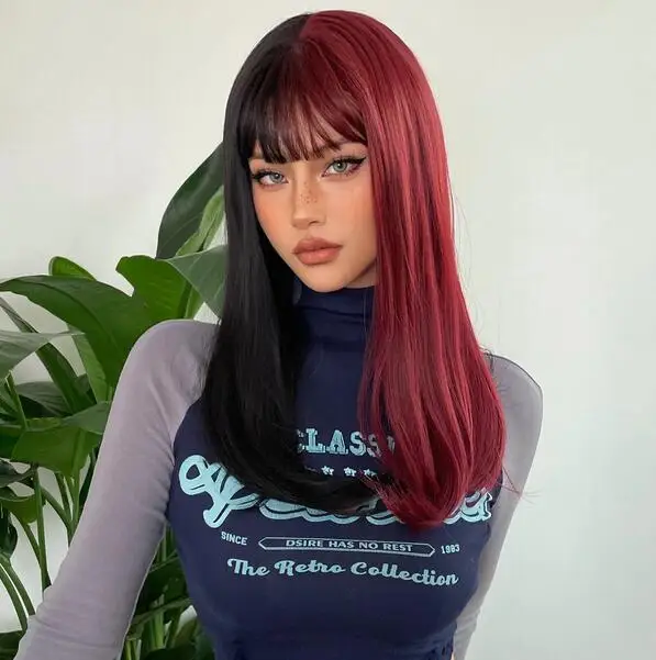 Wig rambut sintetis lurus panjang hitam dan merah tua, Wig dua warna hitam dan merah tua dengan poni untuk wanita, pesta Cosplay Halloween tahan panas