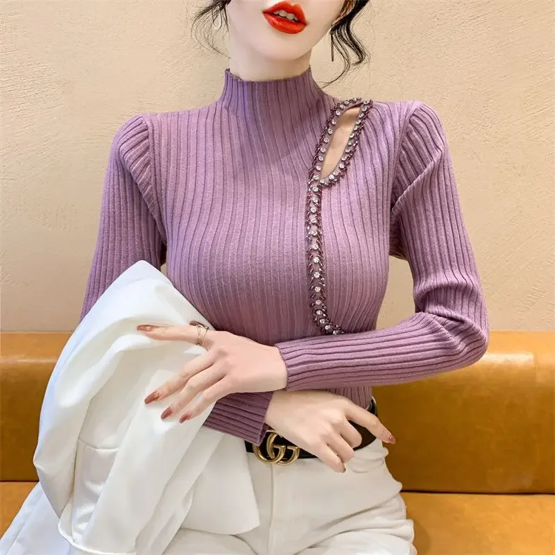 

With Rhinestones Female Pullover Winter 2024 Long Sleeve Sequin Knitted Sweaters for Women New Knitwear Clothing Sales Fashion