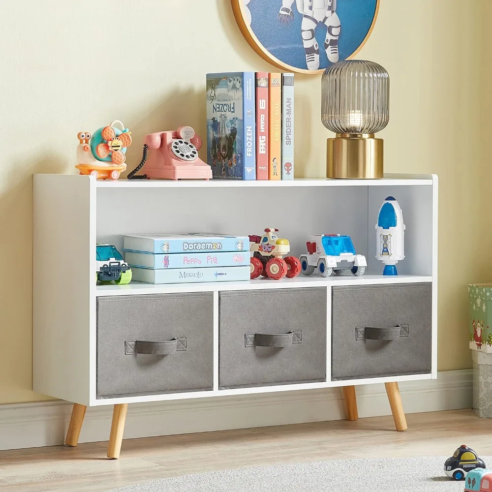 Toy Storage Organizer, Kids Bookshelf with Collapsible Fabric Drawers and Pine Legs, Perfect for Organizing Toys and Books