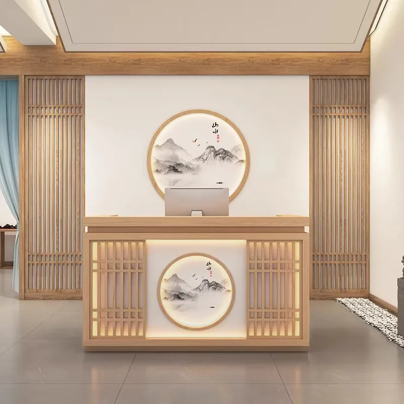 مكاتب استقبال خشبية رخيصة الثمن فاخرة وحديثة باللون البني أفضل مكاتب استقبال بأدراج حديثة طويلة وأثاث استقبال كلاسيكي Mostrador #3