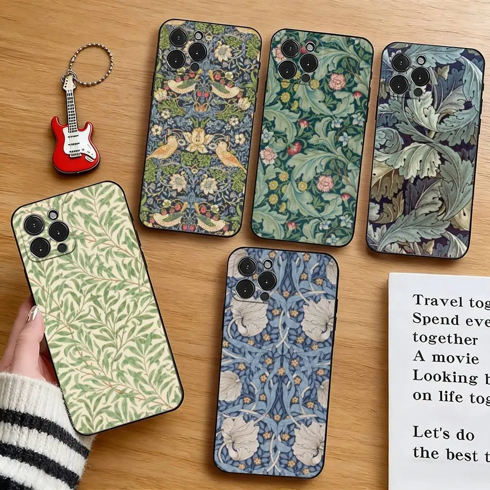 

W-William M-Morris Aesthetic Phone Case For iPhone 17,16,15,14,13,12,11 Plus,Pro Max,XS,Soft Silicone Black Cover