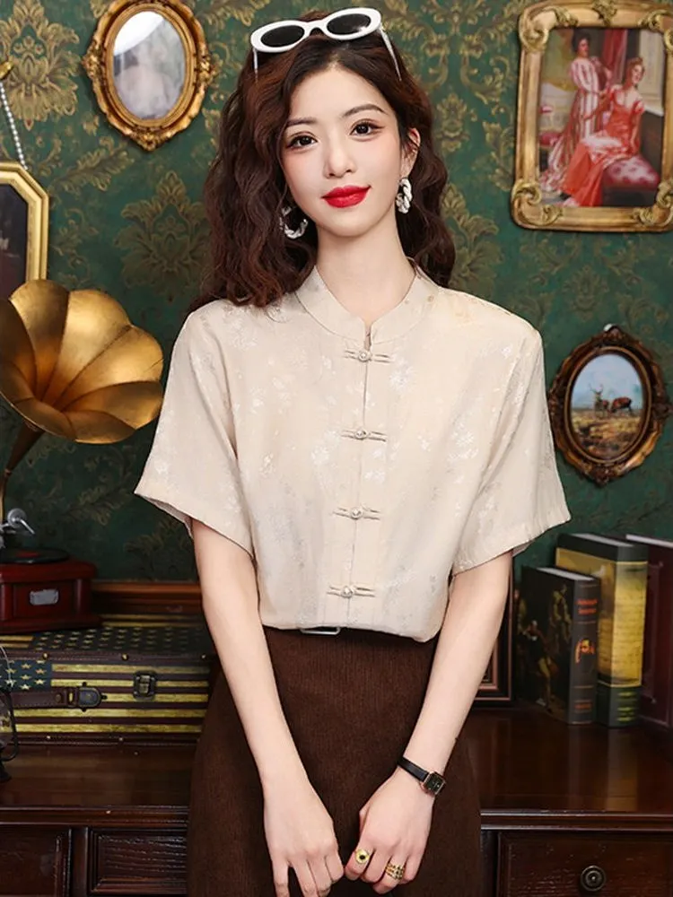 

Ele Simple New Chinese Sle Women's irt Satin Fabric Stand Collar Embroidered Faionable All-Match Summer 2024