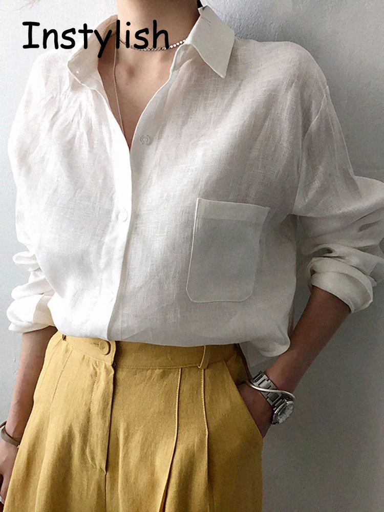 Leisure Long Sleeve Cotton Linen Loose Shirt Women Spring Summer Vintage Harjauku Streetwear Oversized Blouse Elegant Top Tunics