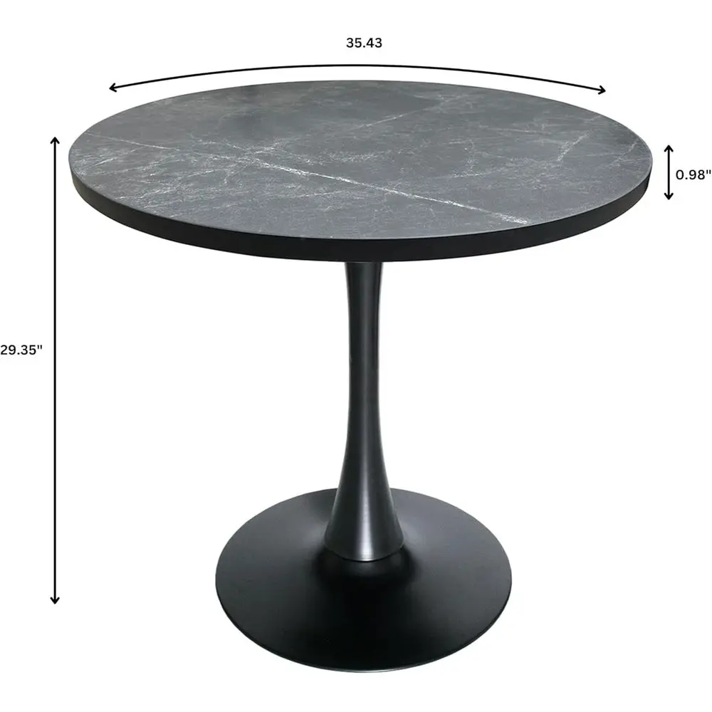 36" Round Dining Table with Modern MDF Top – Gloss Finish Black Iron Pedestal Base Mid-Century Café Table for Kitchen & Dining R