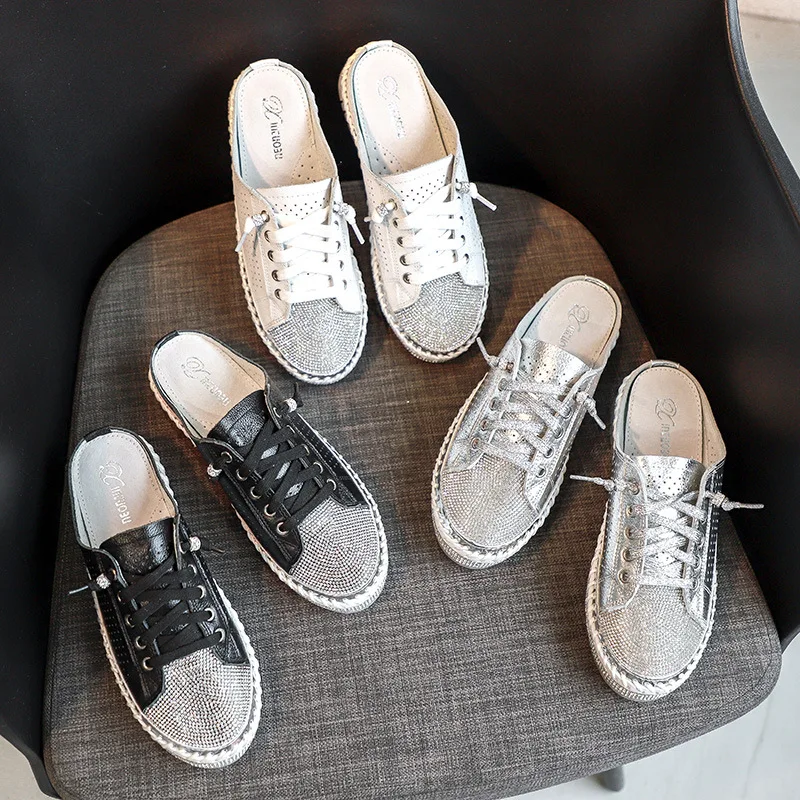 

Handmade Thick Bottom Breathable Hollow out Genuine Leather Slippers Korean Style Diamond Embellished Slip-On Summer Shoes