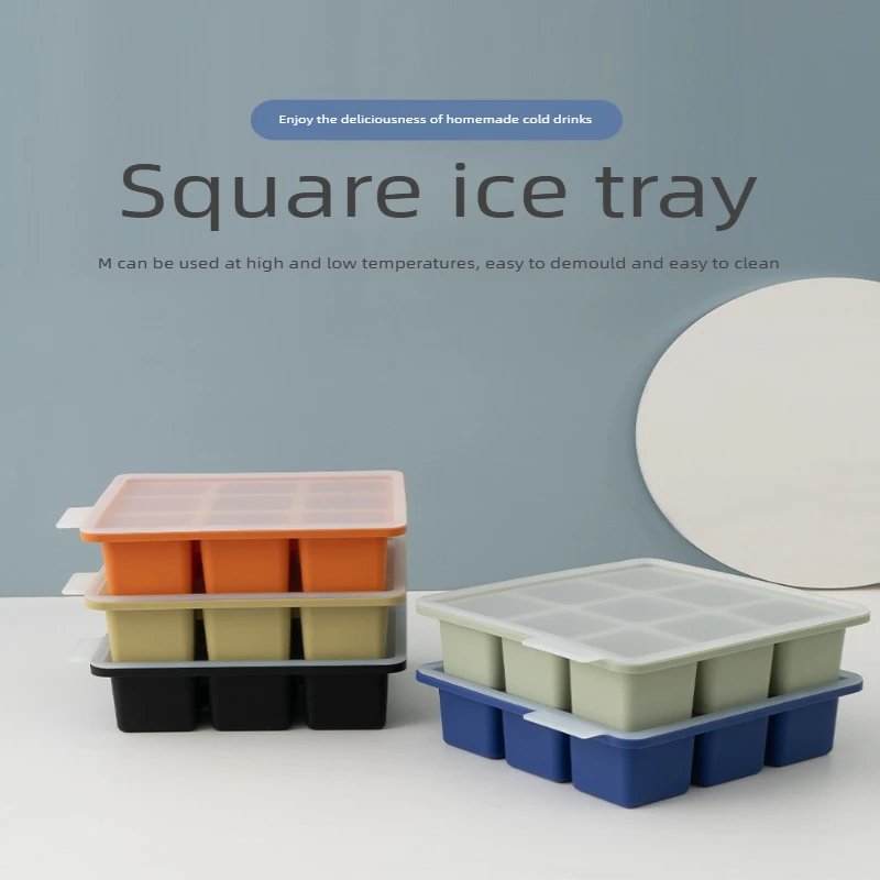 BPA FREE Food Grade Silicone Ice Cube Mold With Lid 9 Grid Large Square Ice Tray Easy Demold Safe For Family Kids Home Drinks