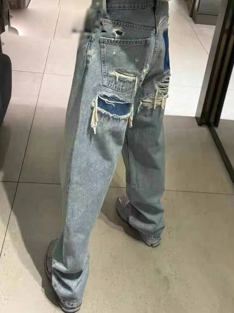 2024 moda donna casual pantaloni larghi a vita alta in denim blu jeans a gamba larga femminili pantaloni lunghi jeans strappati High Street