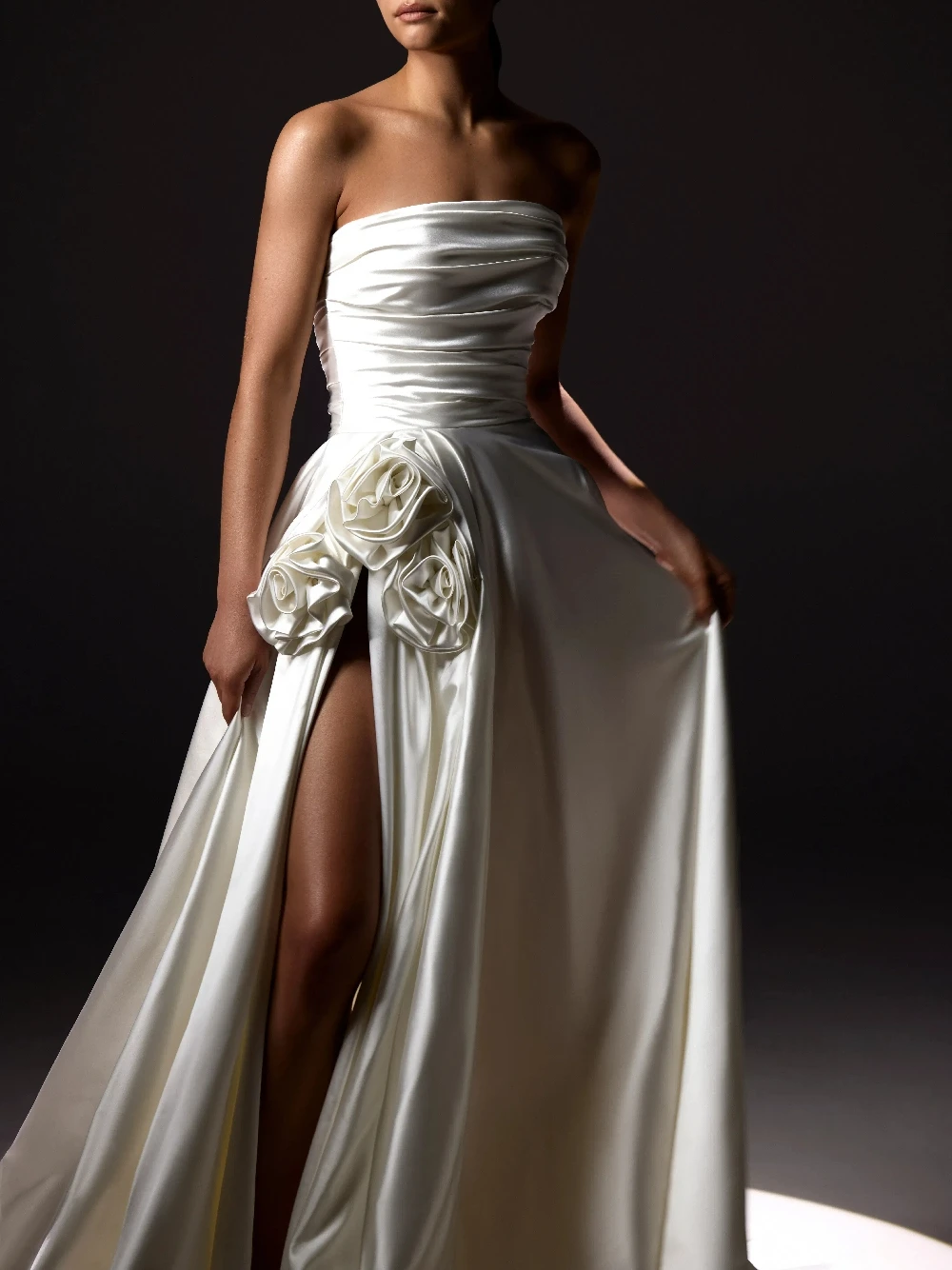 فستان زفاف رومانسي ثلاثي الأبعاد على شكل زهور رقيق من الساتان فستان زفاف مخصص أنيق بدون حمالات بطول الأرض ملابس نسائية للعروس #4