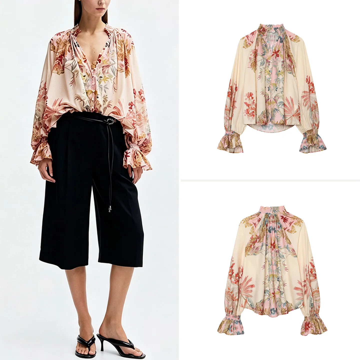 Fashionable Long Sleeve Women's Shirt Autumn Wear Casual Style Button Front Lantern Sleeve V Neck Plant Floral Patterned Top