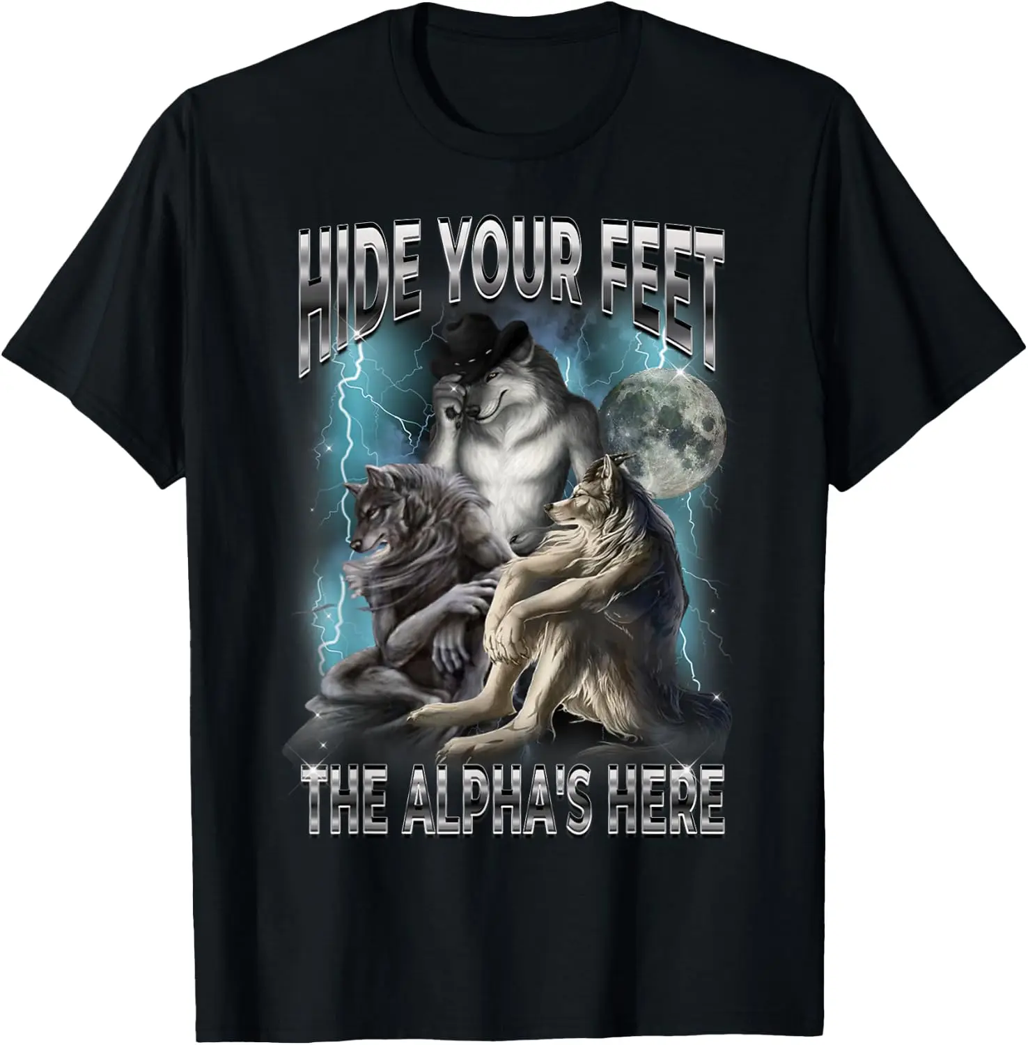 Hide Your Feet The Alpha Is Here Funny Werewolf Meme Bootleg T-Shirt Versatile, heavyweight pure cotton short-sleeve tee—trendy, thick fabric; a great gift for Christmas or Halloween.