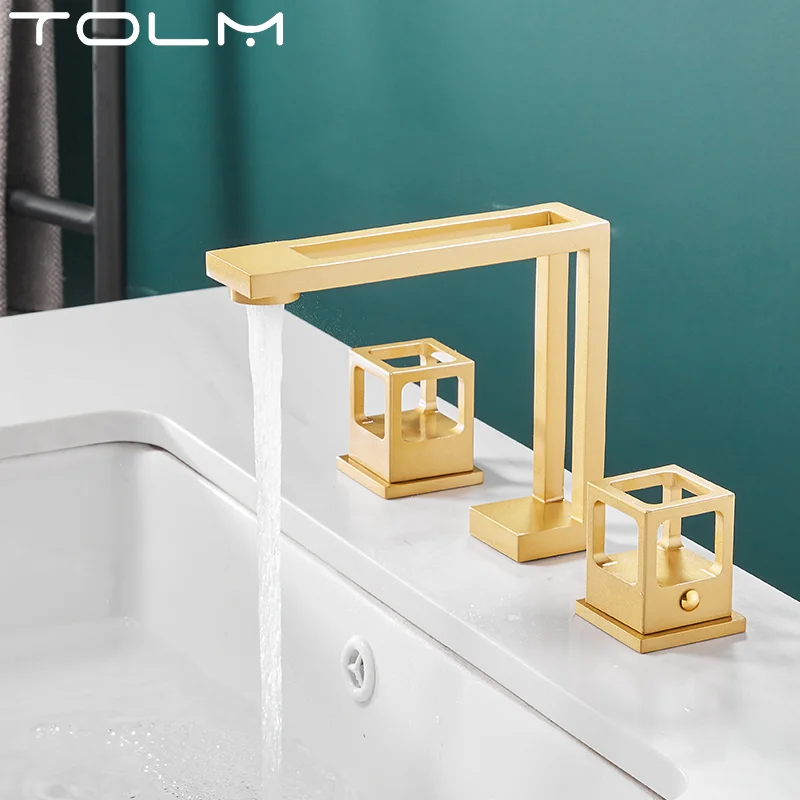 

TOLM Bathroom Basin Faucet Hot and Cold Water Mixer Faucets 3 Holes Dual Handle Mixers Tap Deck Mount Wash Tub Chrome Crane