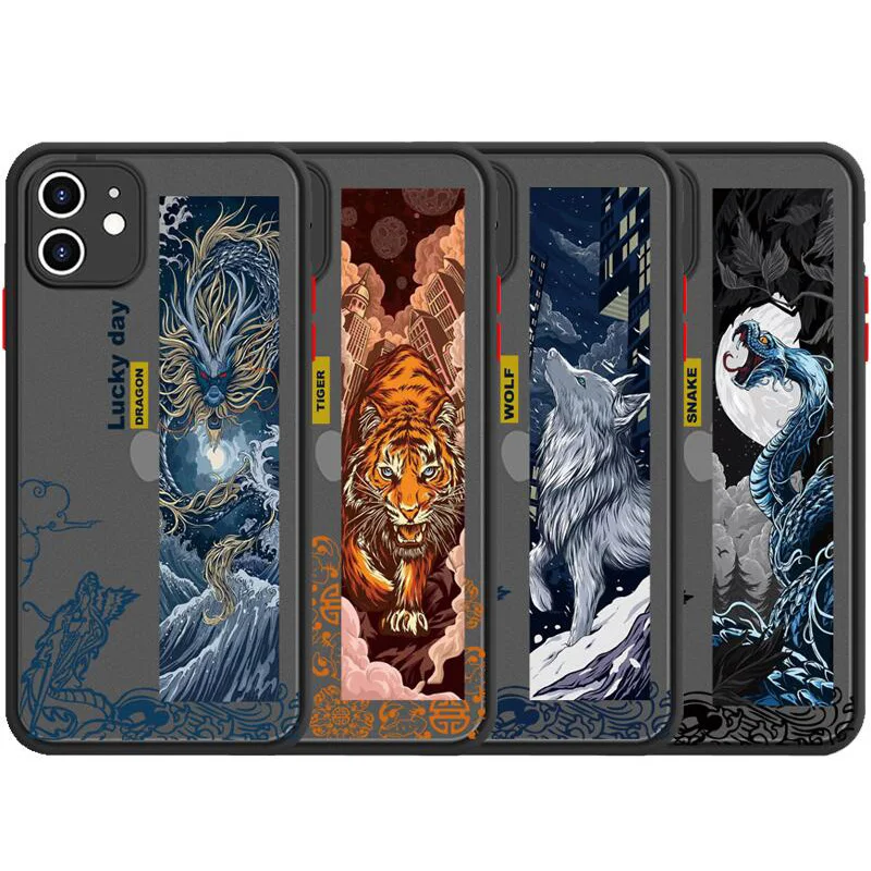 Phone Case For iPhone 11 12 13 14 Pro Max Mini X XR XS 7 8 Plus SE Hard Chinese Style Ferocious Beast Dragon Tiger Cover Fundas