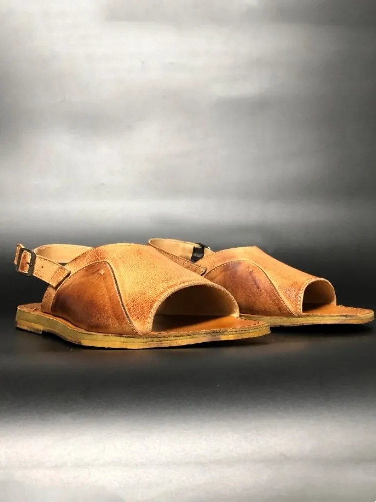 Vintage Designer Mens Flat Shoes Buckle Strap Open Toe Beach Sandals Breathable Summer Cowhide Genuine Leather Casual Shoes Male