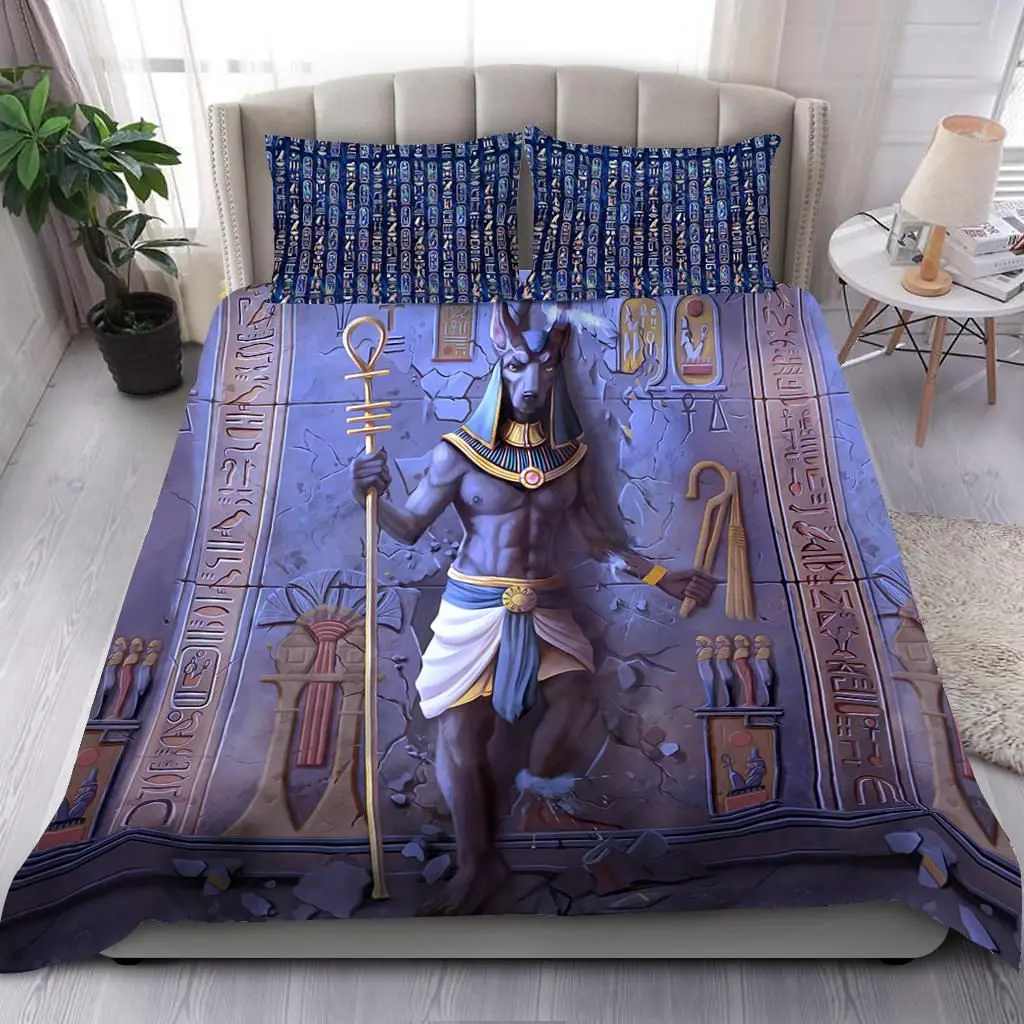 

Ancient Egypt Anubis Duvet Cover Set Egyptian Symbol Culture Bedding Sets Vintage Pharaoh Pyramid Boho Tribal Quilt Cover Queen