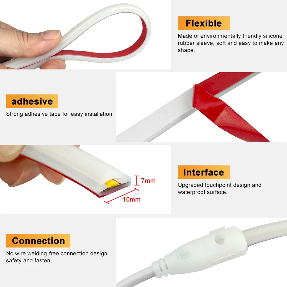 COB LED Strip Lights AC 220V Flexible Tape 288LEDs/m IP65 Waterproof Adhesive Ribbon Lamp 3000K/4500K/6000K with EU Power Plug