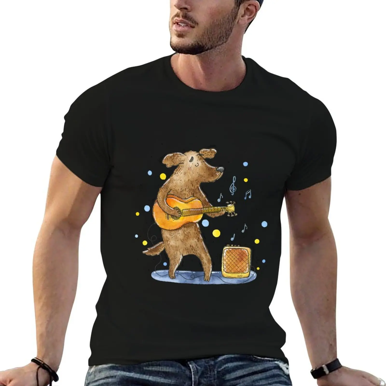 Camiseta con diseño de perro músico de Tania Samoshkina, camiseta de algodón de alta calidad para hombre, camisetas informales para hombre, camiseta gráfica