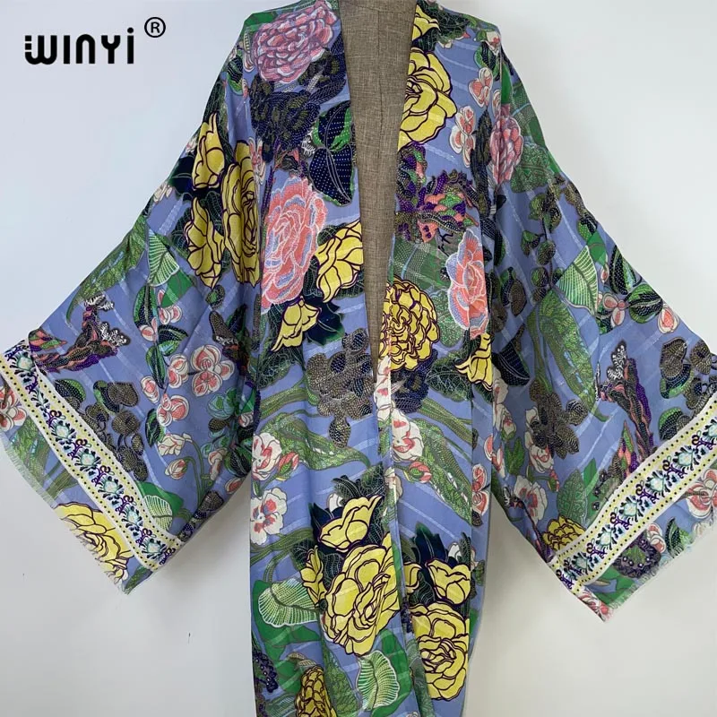 WINYI Summer Retro Gilding print Women Cardigan Loose Long Dress Cocktail Party Boho Holiday Beachwear Swimsuit Cover Up kimono