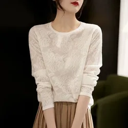 Spring New Korean All-match Hollowed Out Lace T-Shirts O-neck Women Clothing Fashion Casual Simple Solid Knit Long Sleeved Tops