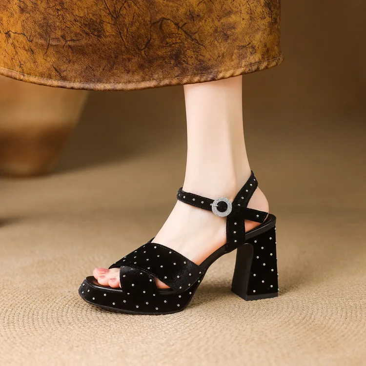 صنادل ذات كعب مكتنز من المخمل، تصميم مرصع، زيادة الارتفاع للنساء #1