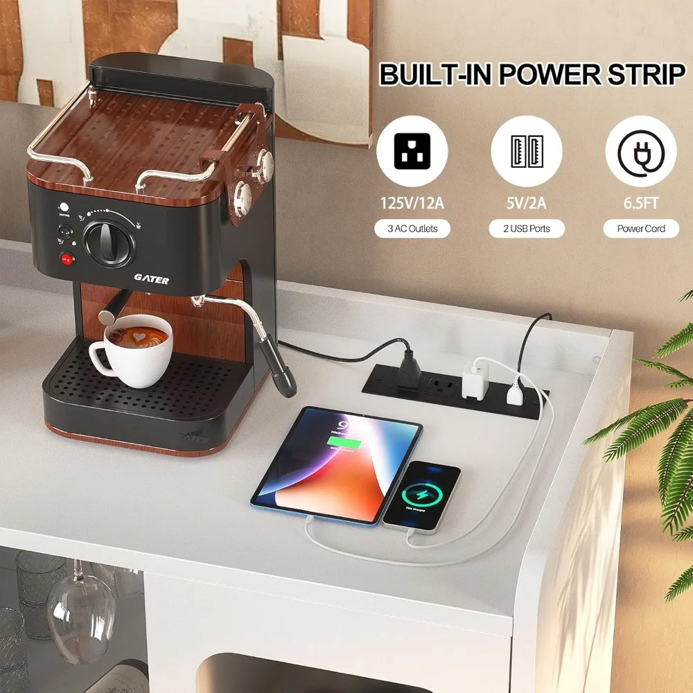 خزانة بار النبيذ مع مخرج طاقة، وخزانة مشروبات الخمور مع ضوء LED وحامل زجاجي، وخزانة بار القهوة المنزلية، وخزانة جانبية للبوفيه #6