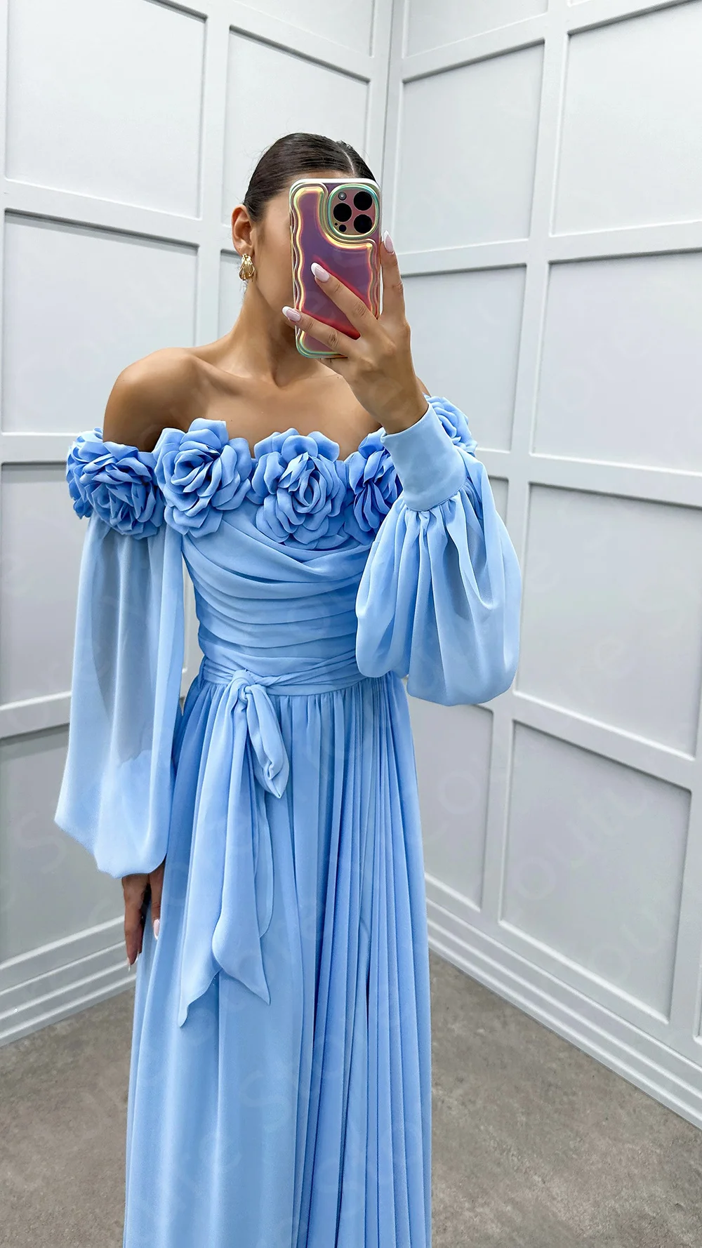 Charming Sky Blue Prom Dresses 2024 Off Shoulder Long Sleeves Homecoming Gowns Thigh Slit Boho Wedding Party Dress Beach Flowers