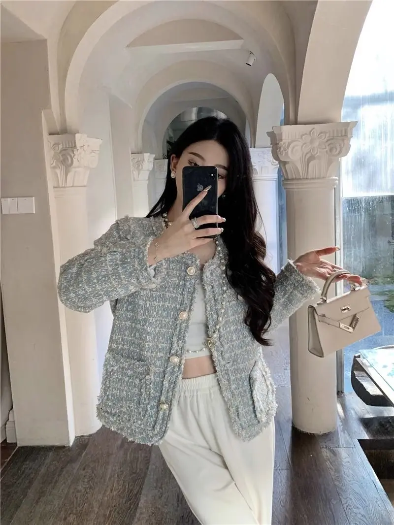 Tweed Women's Spring Autumn And Winter French Sweet Gentle And Simple Temperament Celebrity Looking Thin Round Neck Short Coat